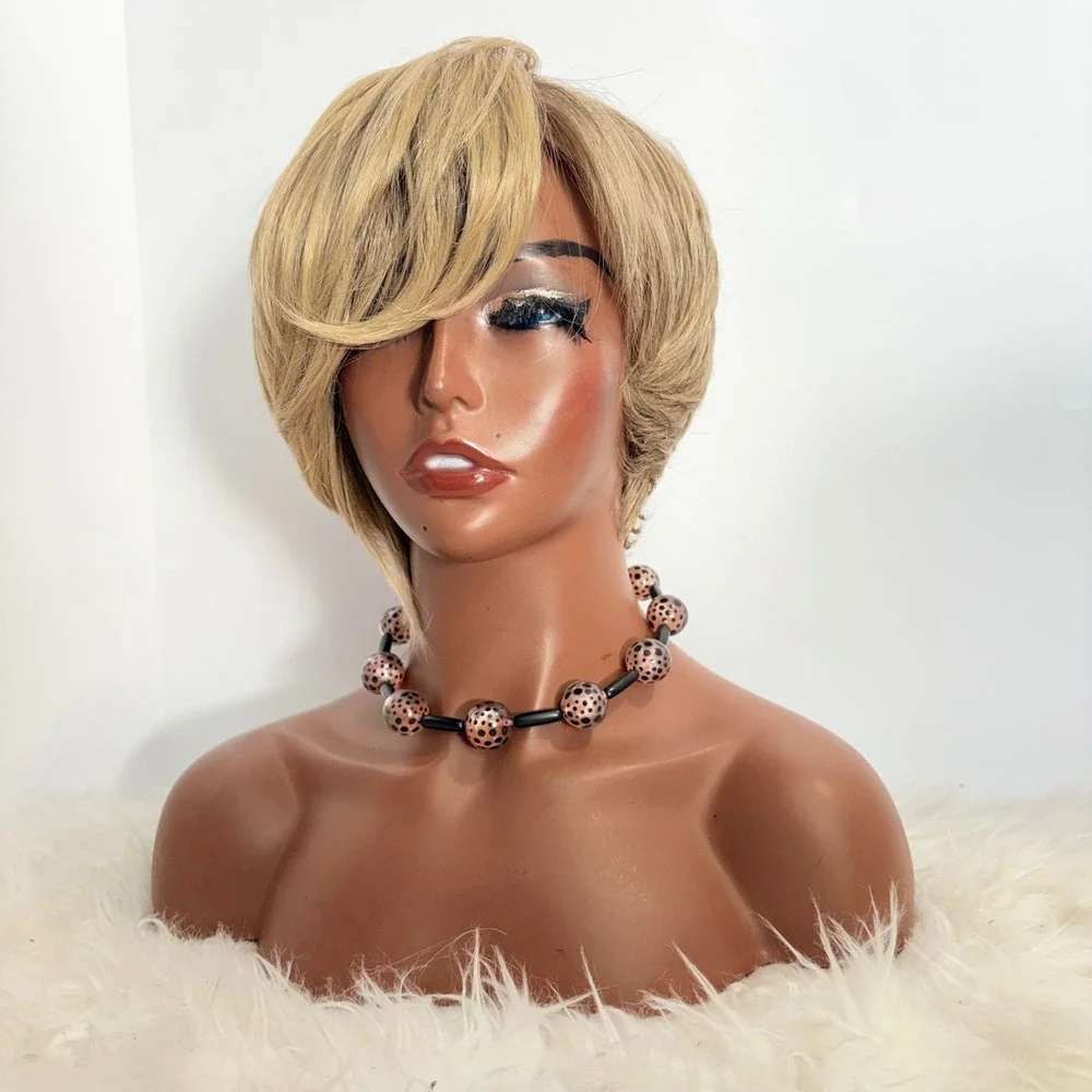 Womens Blonde Short Pixie Cut Bob Wig Side Swept Bangs Layered Hairpiece